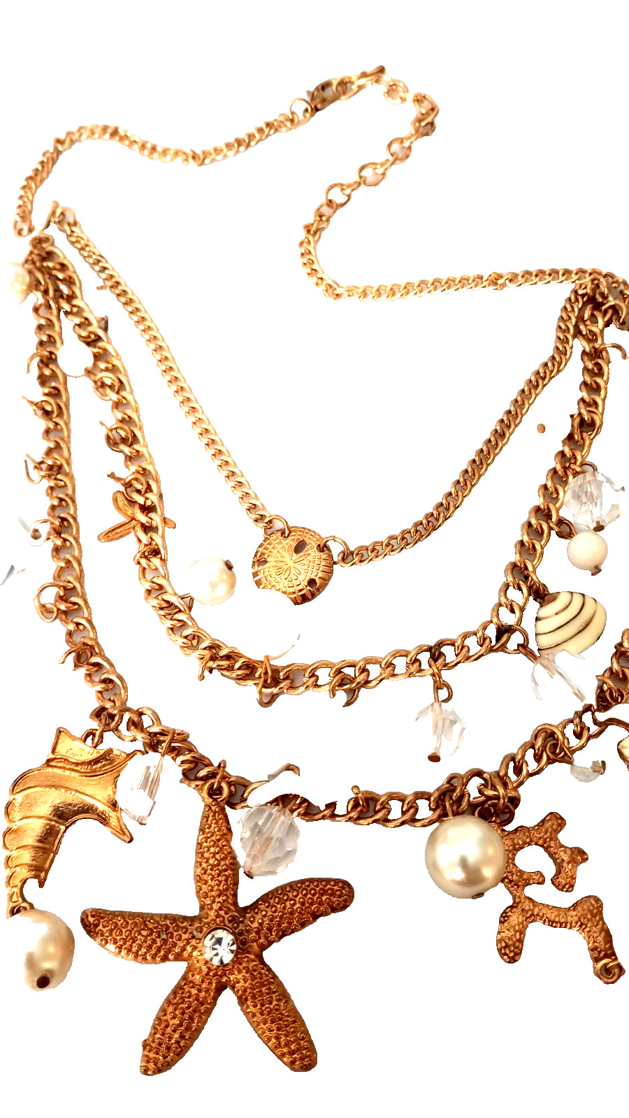 Vintage Sea Life Necklace Seahorse Starfish Shell.Gold Tone 3 Strands 24 in