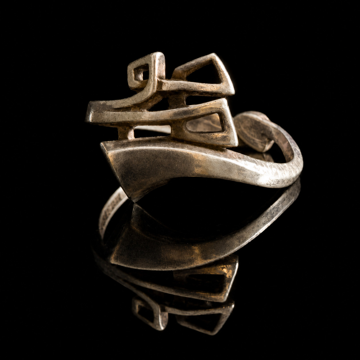 Vtg Swedish Sterling Silver Signed Modernist Geometric Adjustable Ring Size 11