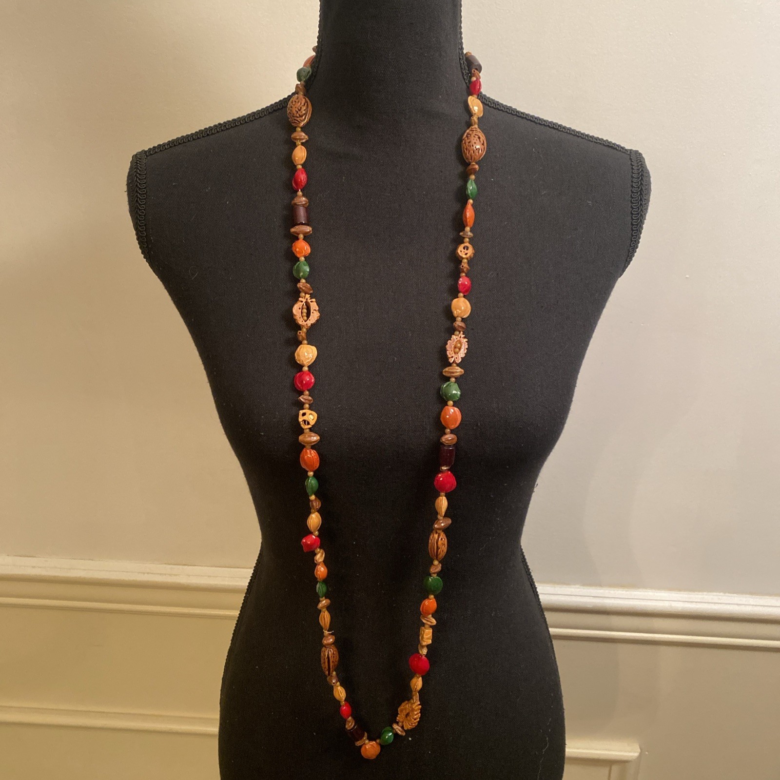 Vintage Boho Long Seed Nut Wood Bead Statement Necklace Colorful Chunky Natural