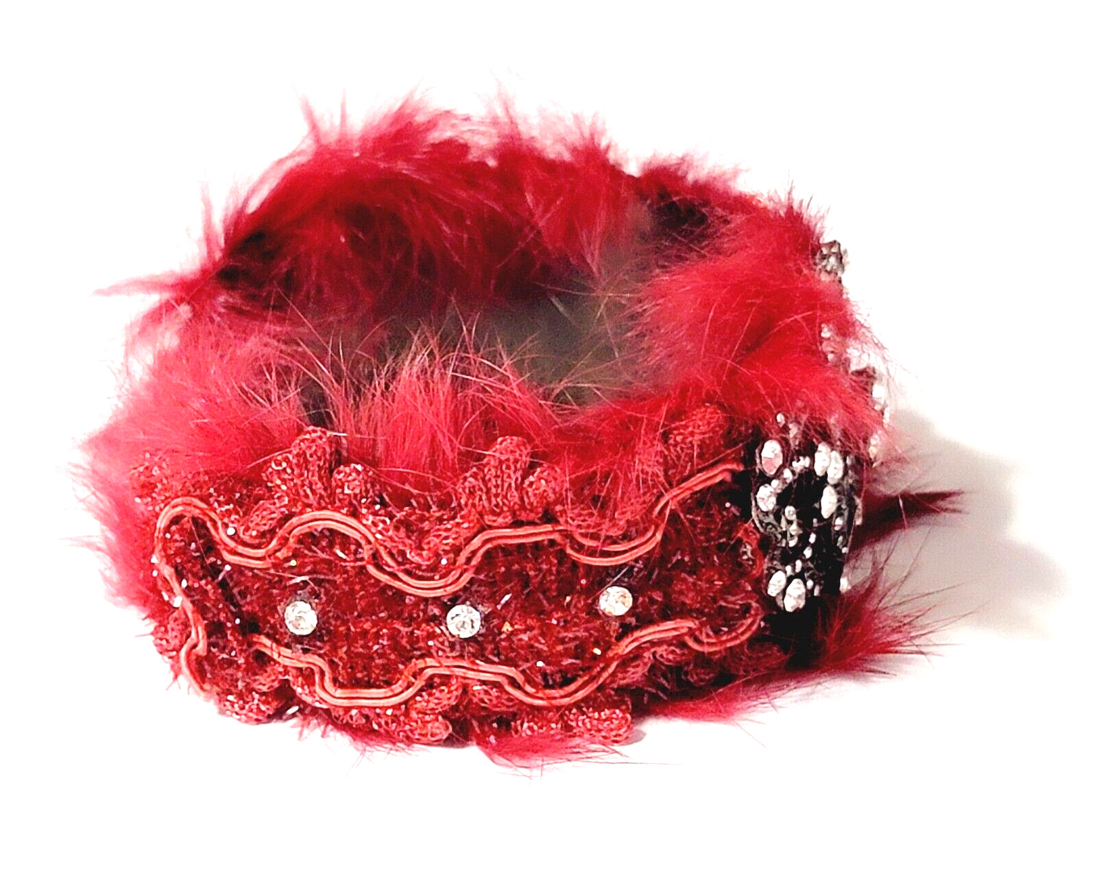Faux Fur Red Cuff Bracelet Ornate Rhinestones Diva Statement Jewelry cfb