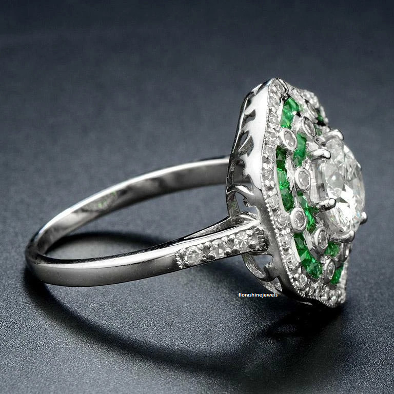 Stunning Art Deco Look With Vivid Green Emerald & Clear White CZ Floral Ring FN