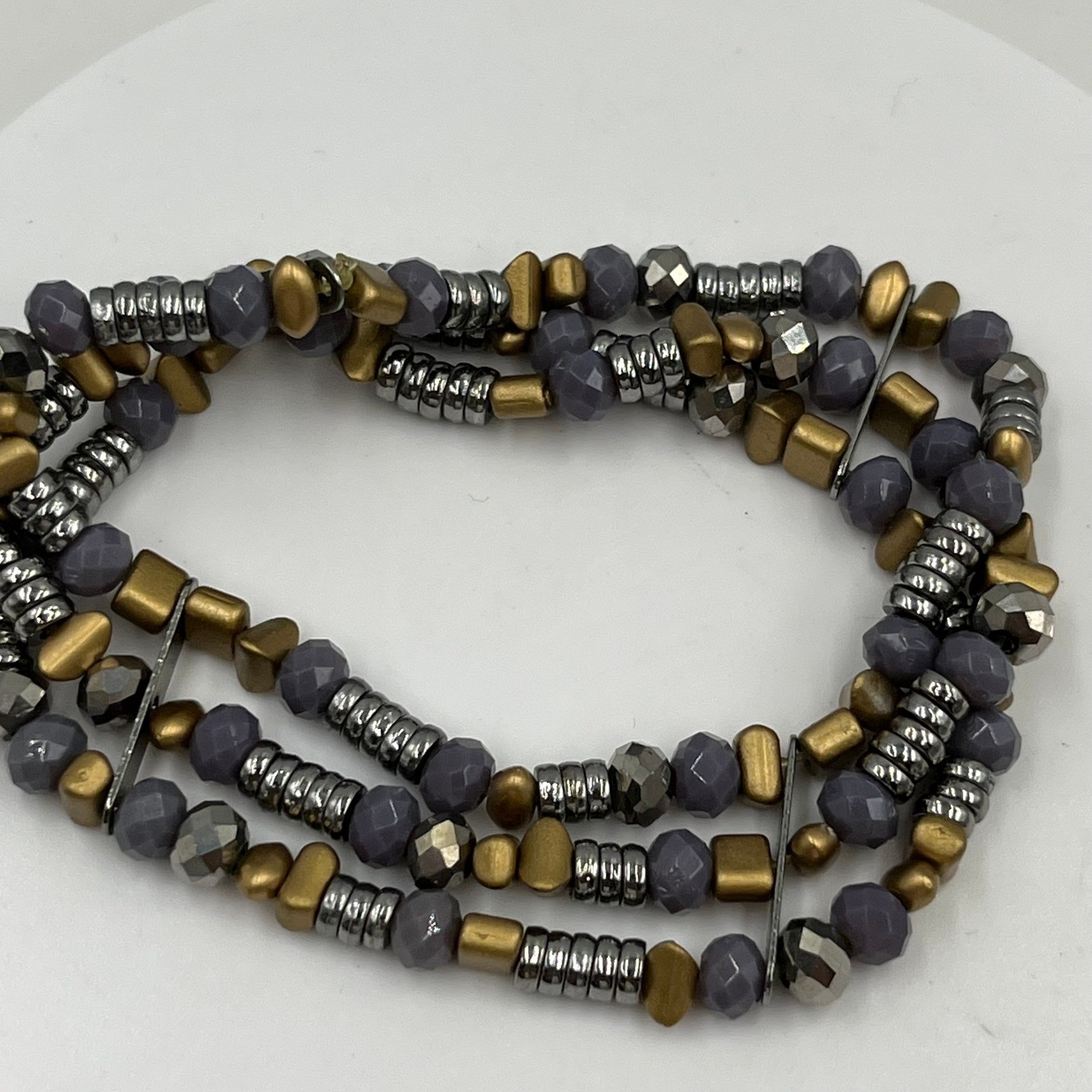 Vintage Multi Strand Beaded Bracelet Gray Faceted Beads Gold Silver Tone Wrap