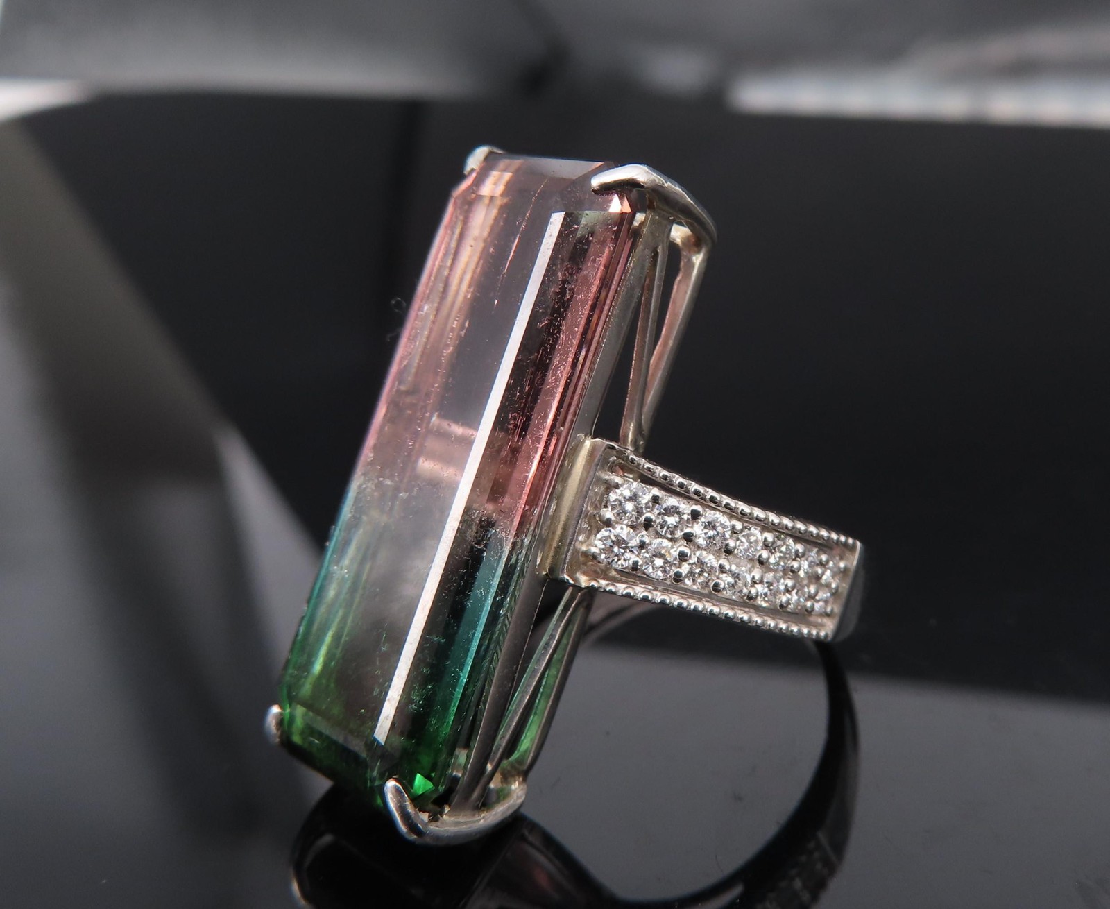 Rare 15.82ct Natural Party Color Tourmaline 0.35ct Diamond Platinum Ring, Size 7