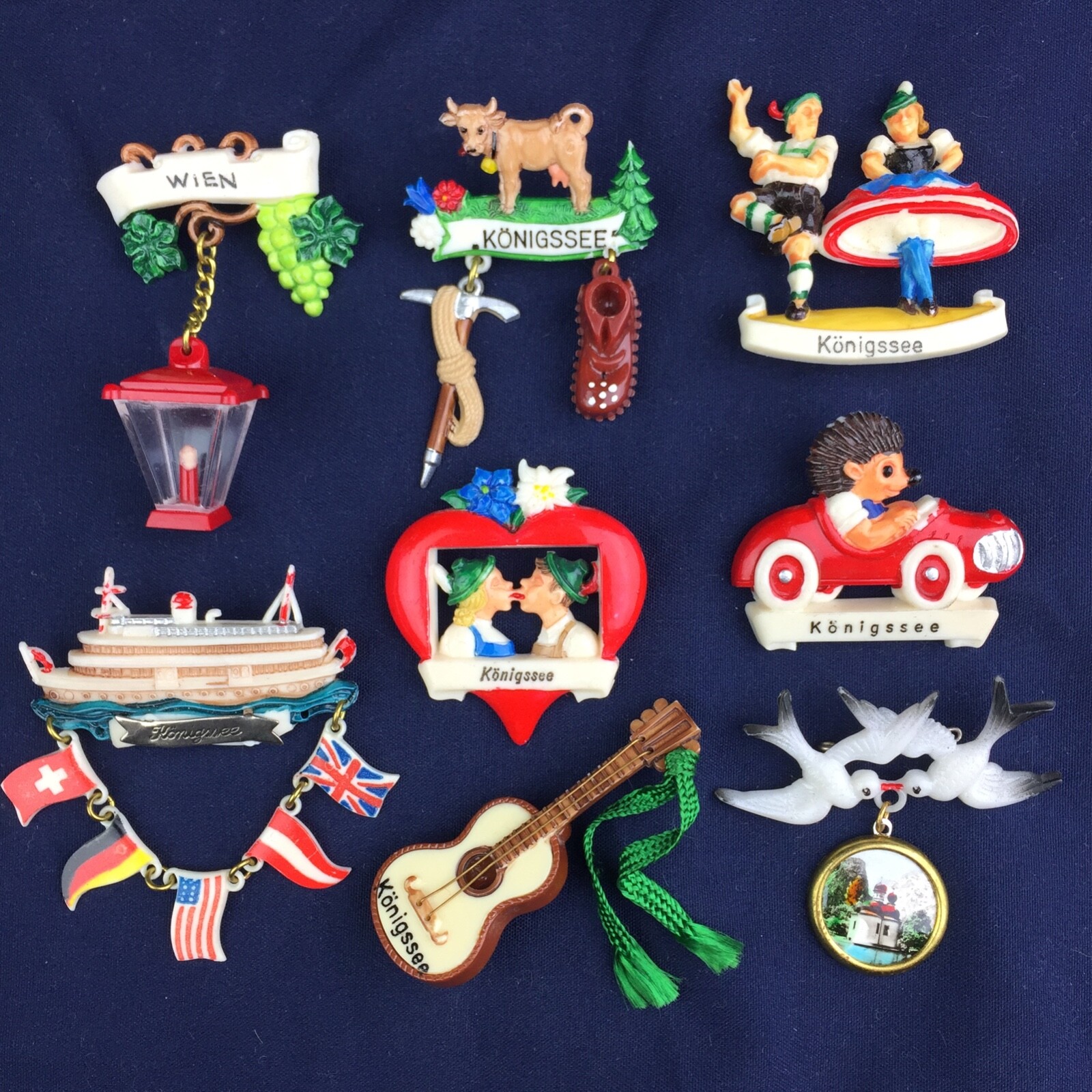 Collection of 8 Vintage German Celluloid Souvenir Pins Konigssee Wien