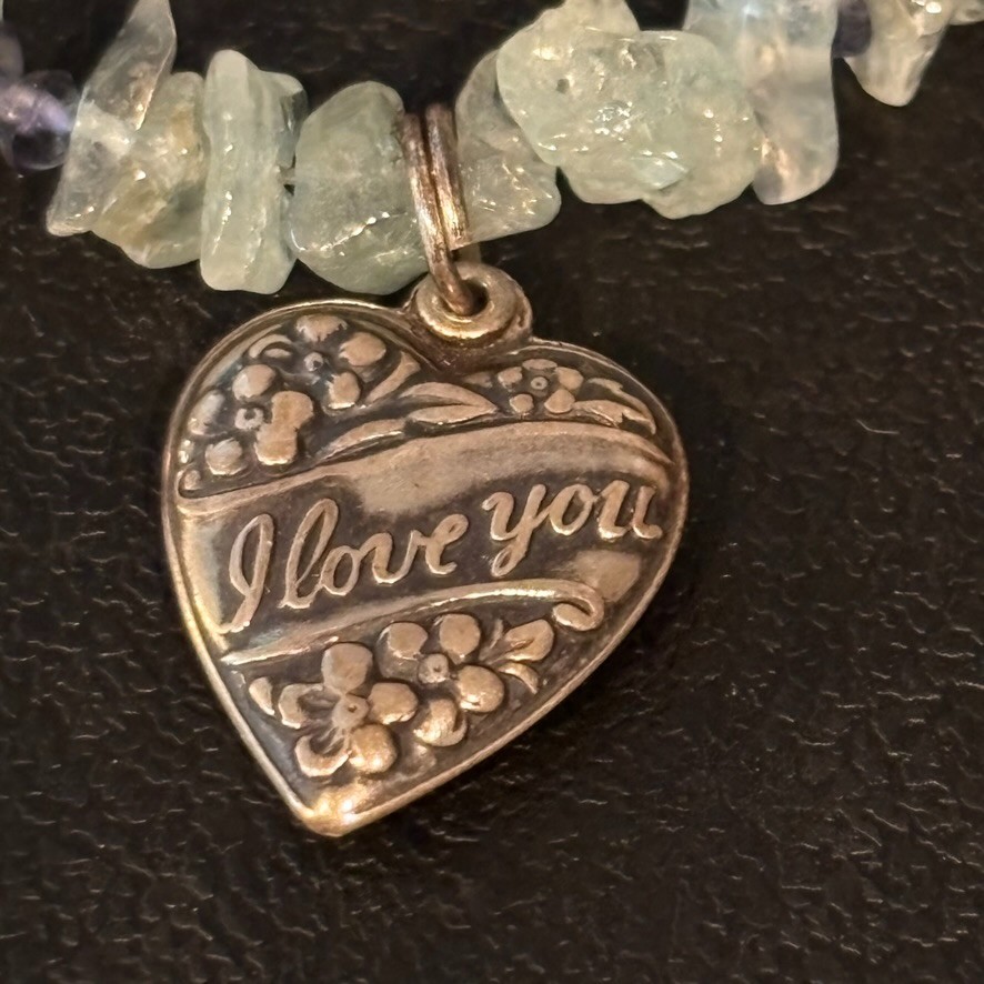 Small Girls Sterling Siver Signed “I Love you” charm aqua stone heart bracelet