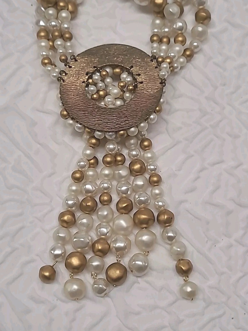 VINTAGE MULTI STRAND PEARL NECKLACE WITH DANGLES GOLD SILVER AND IVORY