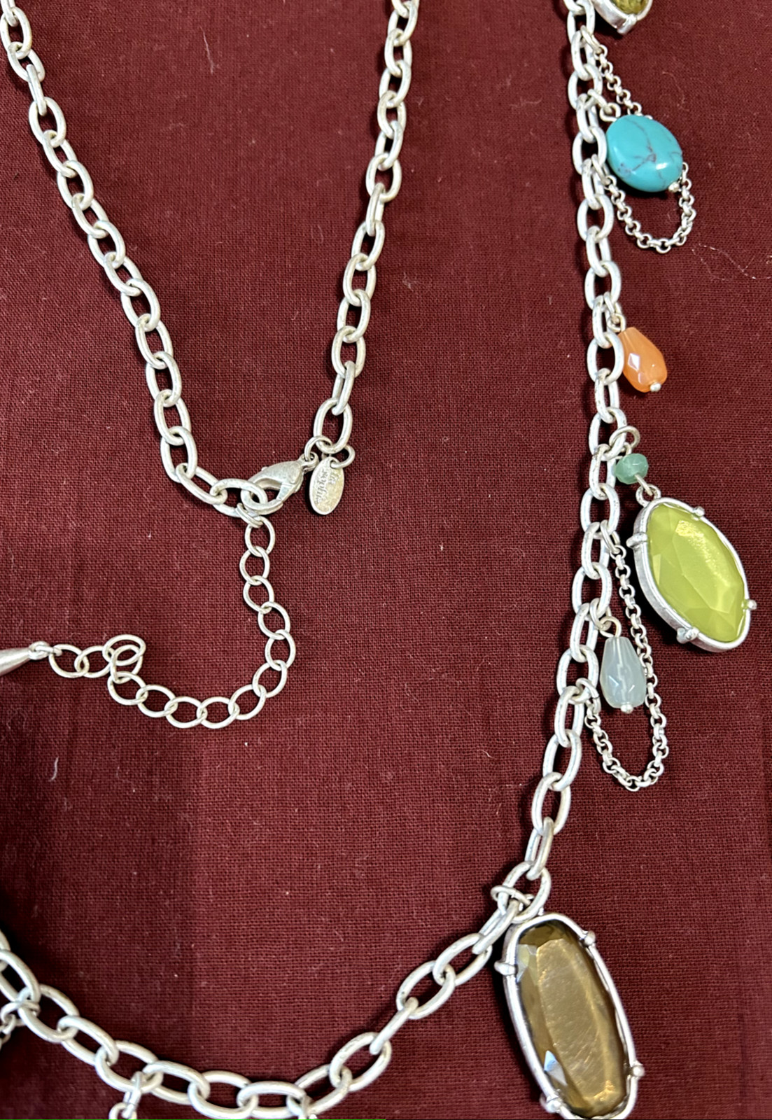 LIA SOPHIA Signed Vintage Necklace 36″ Yellow & Brown Lucite Dangles White Metal