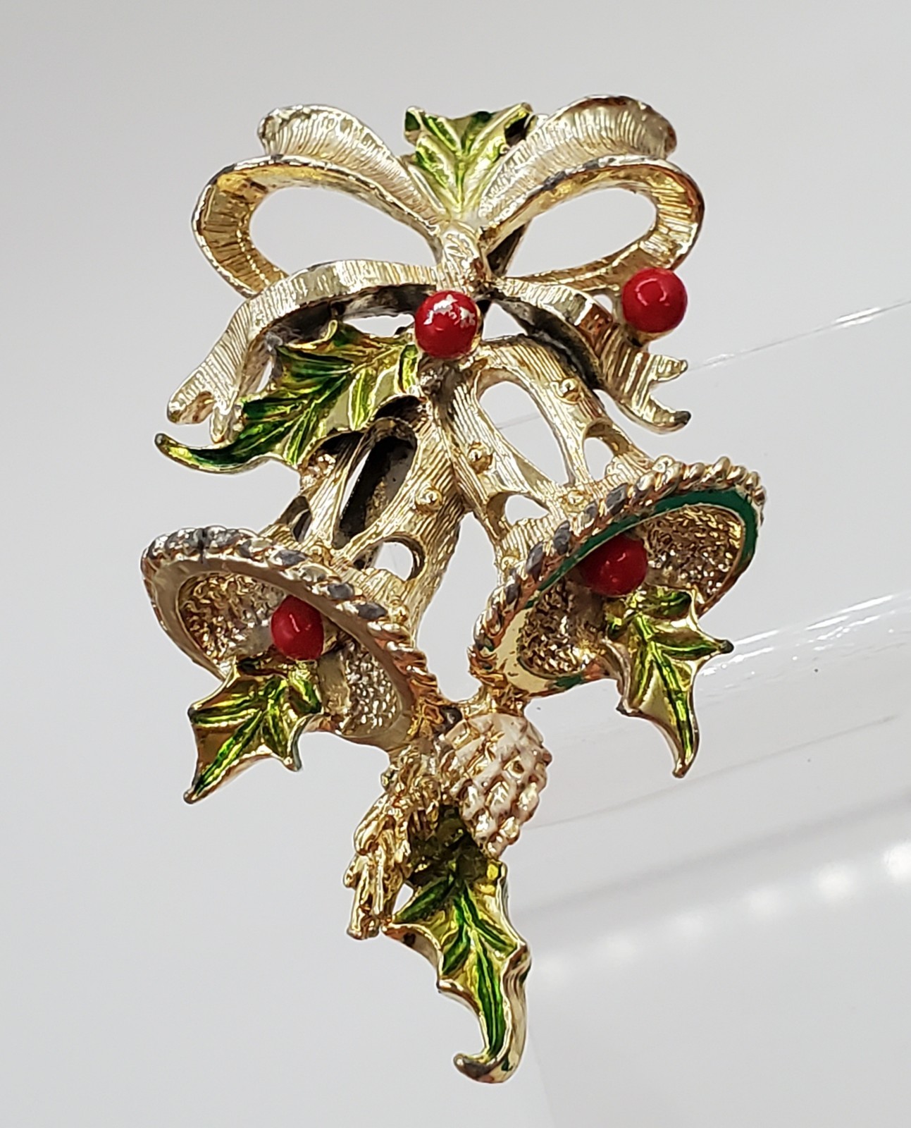 Gerrys Christmas Bells Brooch 2in Gold Tone Enameled Holly Pine Cone VTG Estate