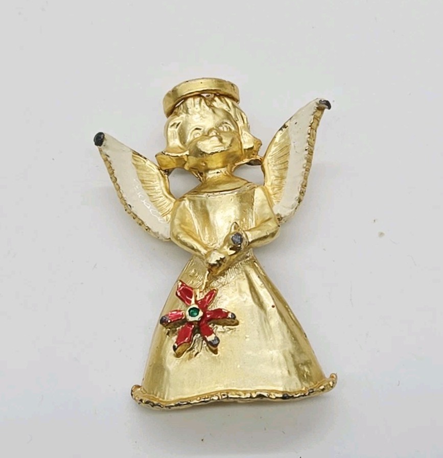 Angel Brooch Gold Tone Guardian Flower Pin with wings Victorian Vintage 1.75 in