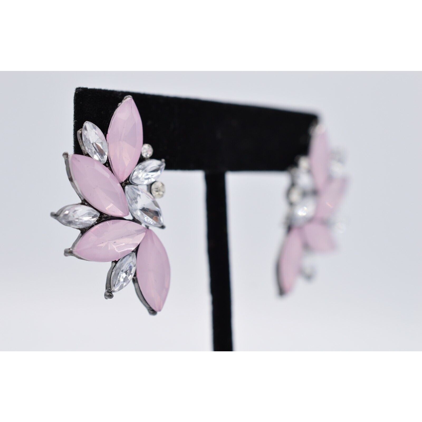 Statement Earrings Rhinestone Crystal Frosted Pink Lucite Marquis Gunmetal Bin4