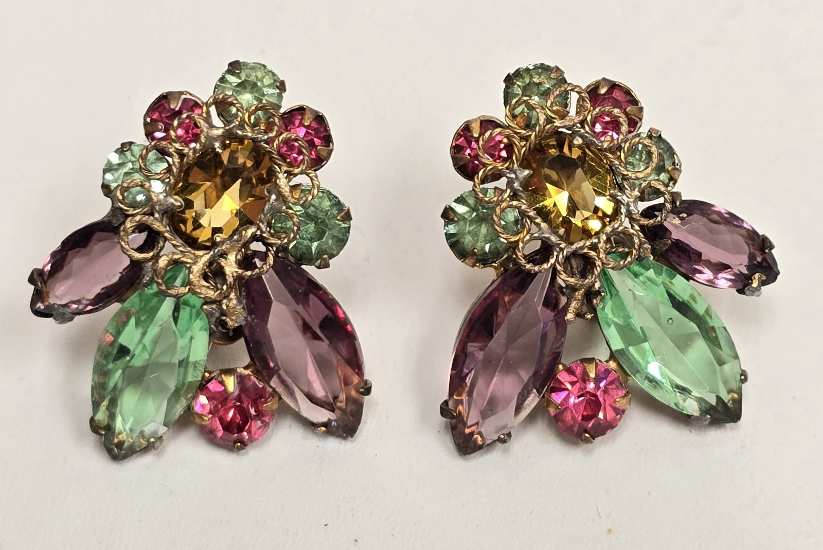 Vintage Original By Robert Brass Filigree Rhinestone Earrings