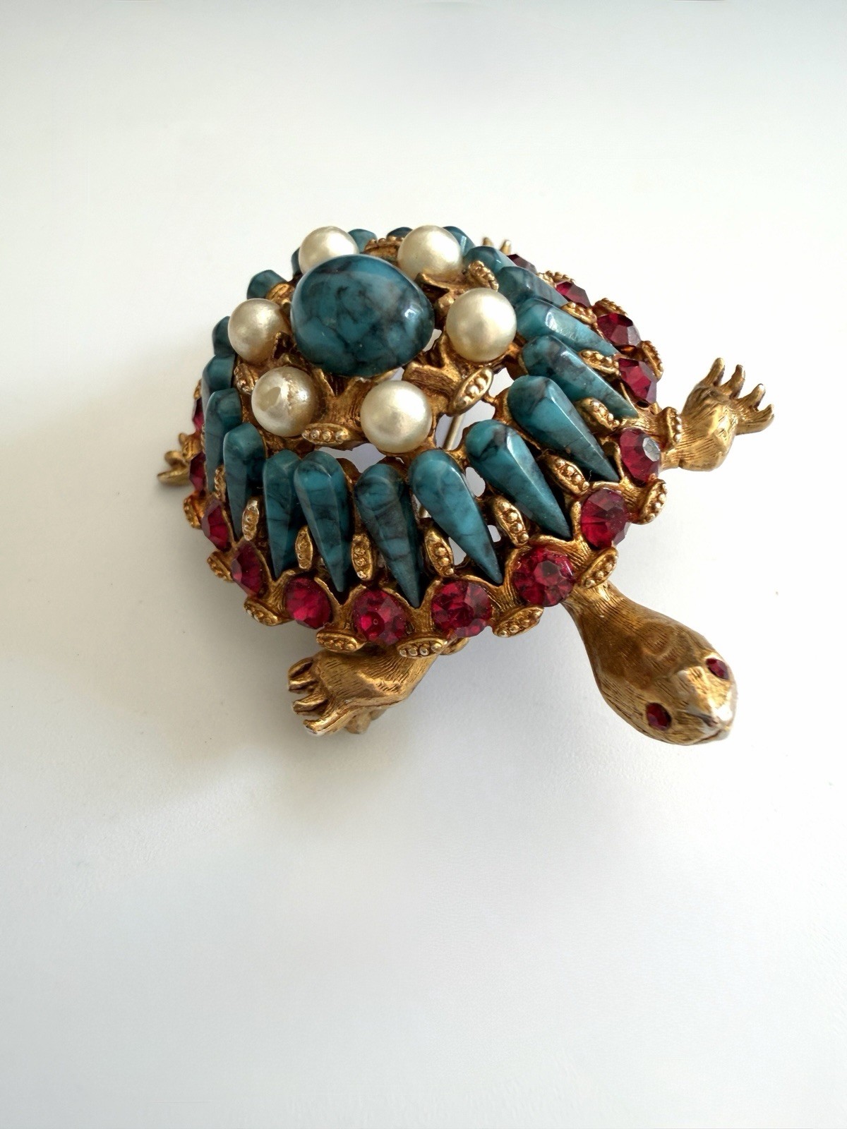 HAR Turtle Brooch Pin Rare Mid Century Turquoise Tiered Rhinestone Statement!!