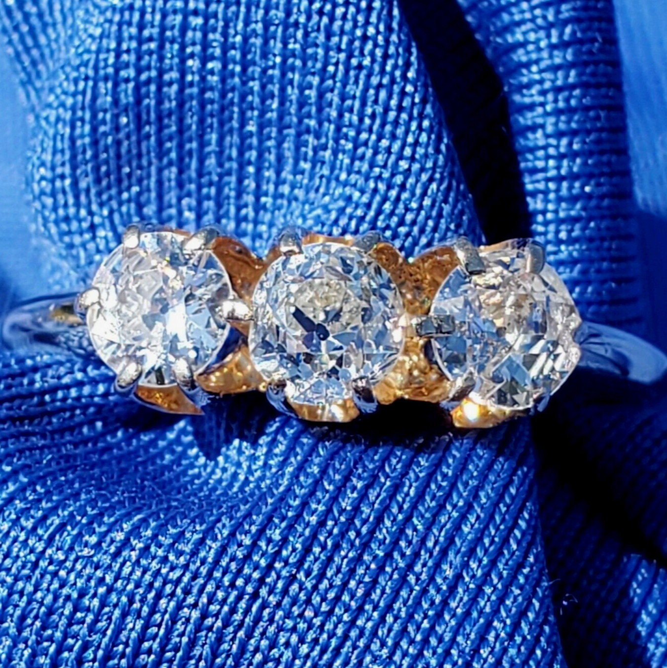 Original EARTH MINED DIAMOND 3 stone Deco Anniversary Wedding Ring Antique Band