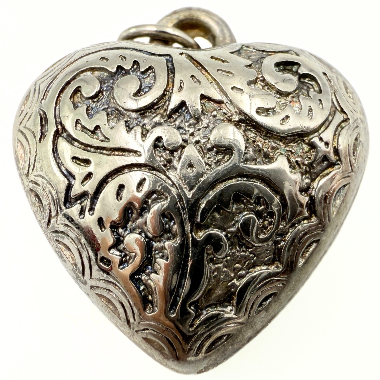 Vintage Sterling Silver Repousse Scrollwork Floral Puff Heart Pendant