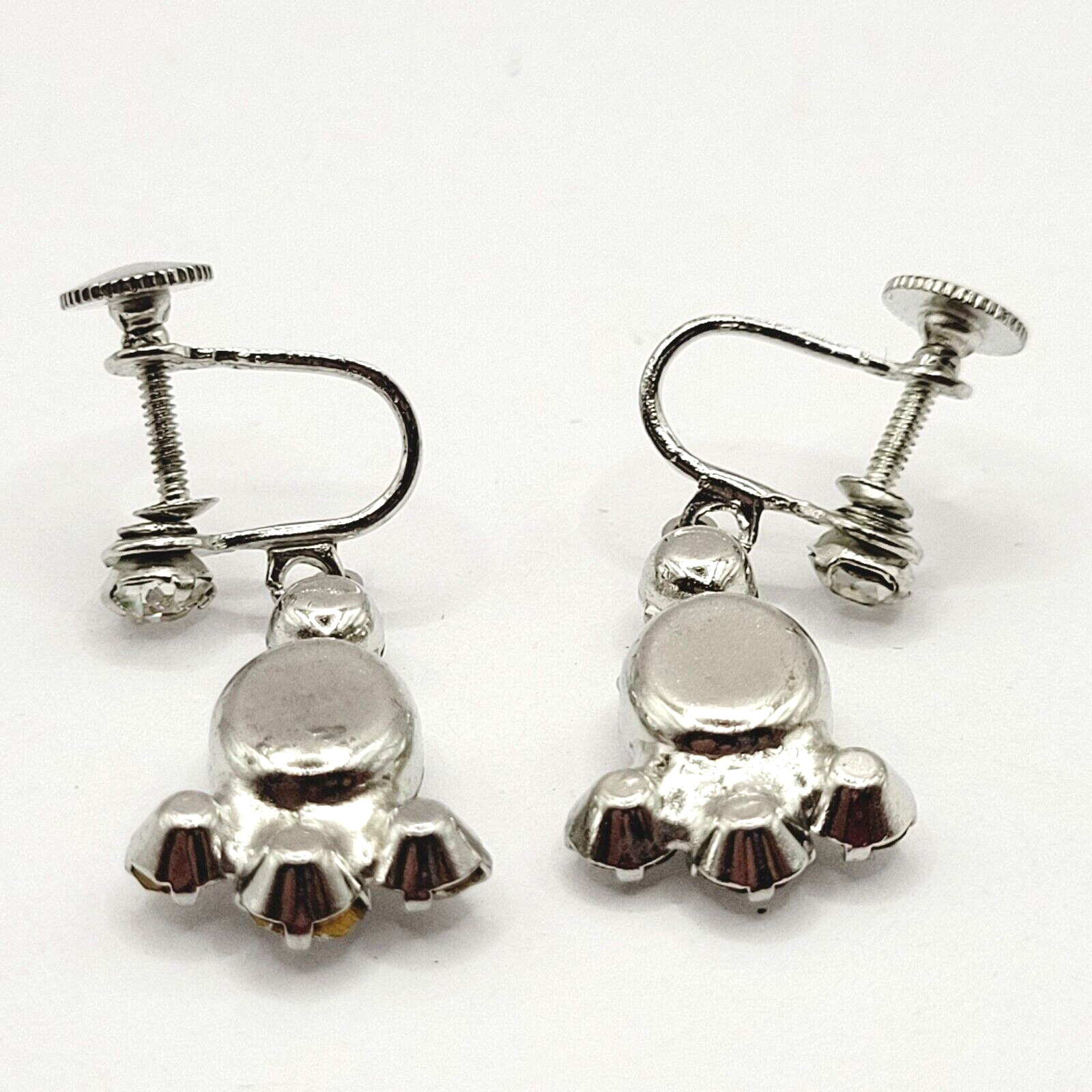 Crystal Rhinestone Cluster Silver Tone Drop Dangle Screw Back Vintage Earrings