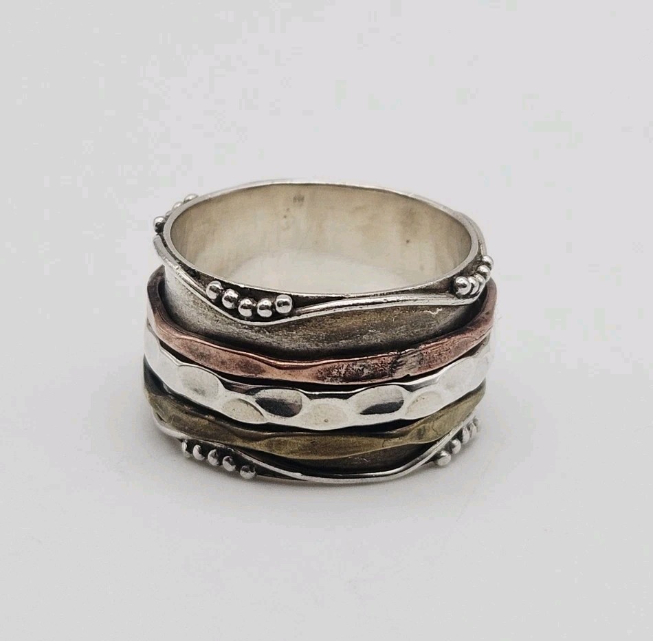 Sterling Silver Vintage Mixed Metal 3 Band Spinner Ring Size 8
