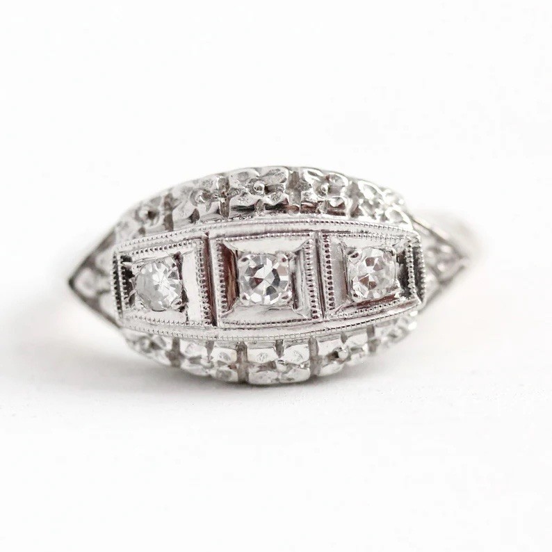 1940 Mid-Century Vintage Yellow & White Illusion Flower Engagement Princess Ring