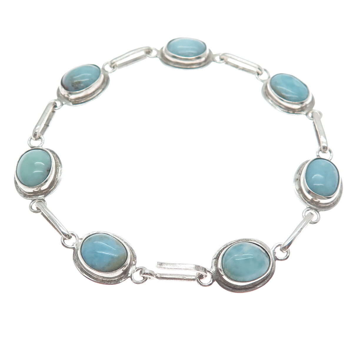 925 Sterling Silver Vintage Real Larimar Station Bar Link Bracelet 7.25″