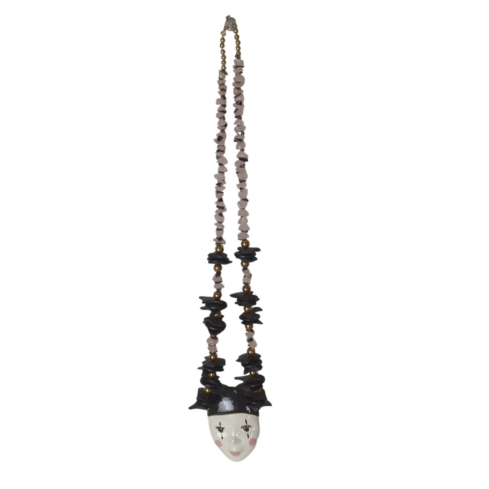 Vintage Harlequin Face Ceramic Pendant Necklace Pink and black stone & wood 25″