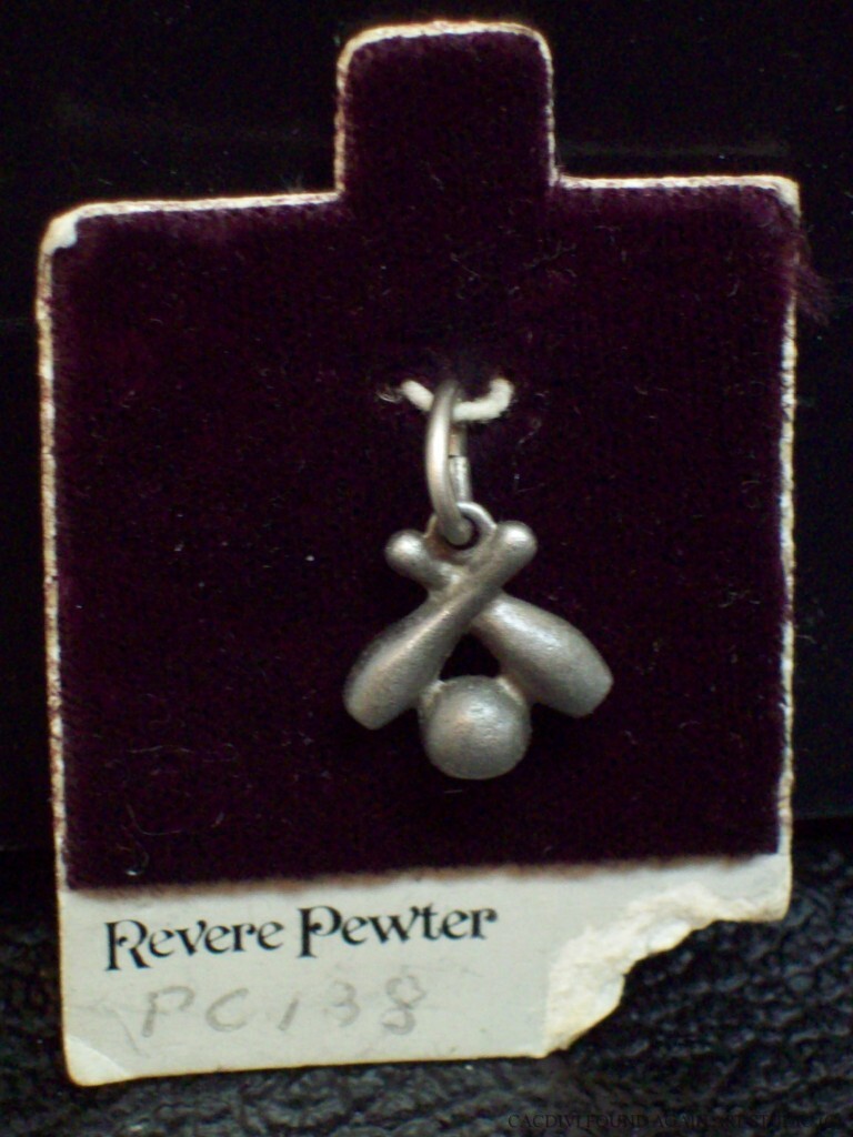 Vintage Revere Pewter Bowling Ball Crossed Pins Charm Small Pendant on Card