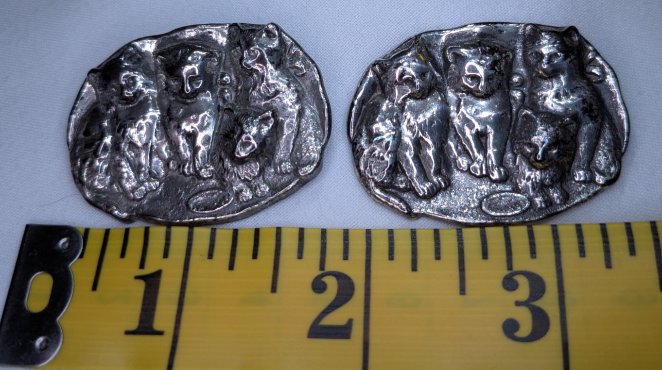 Vintage Pewter‑Tone Cat Brooch Lot of 2 – Sculpted Oval Pins – 1.5″ – Cast Metal