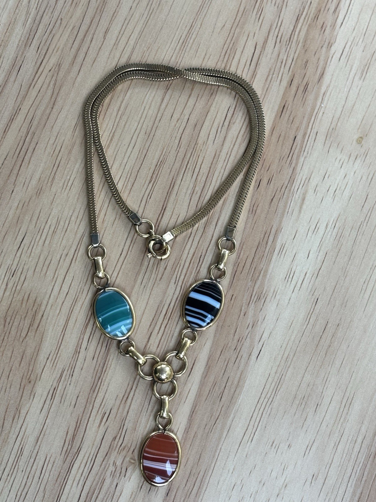 Vintage 12K Gold Filled Banded Agate Carnelian Y Drop Necklace 16”