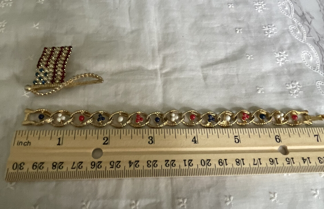 Bracelet & Patriotic Red White & Blue Rhinestone USA Flag Brooch Pin YT-27