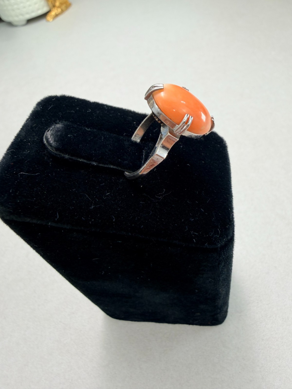 Art Deco Coral Cabochon Sterling Silver Ring Vintage Statement Size 4.25