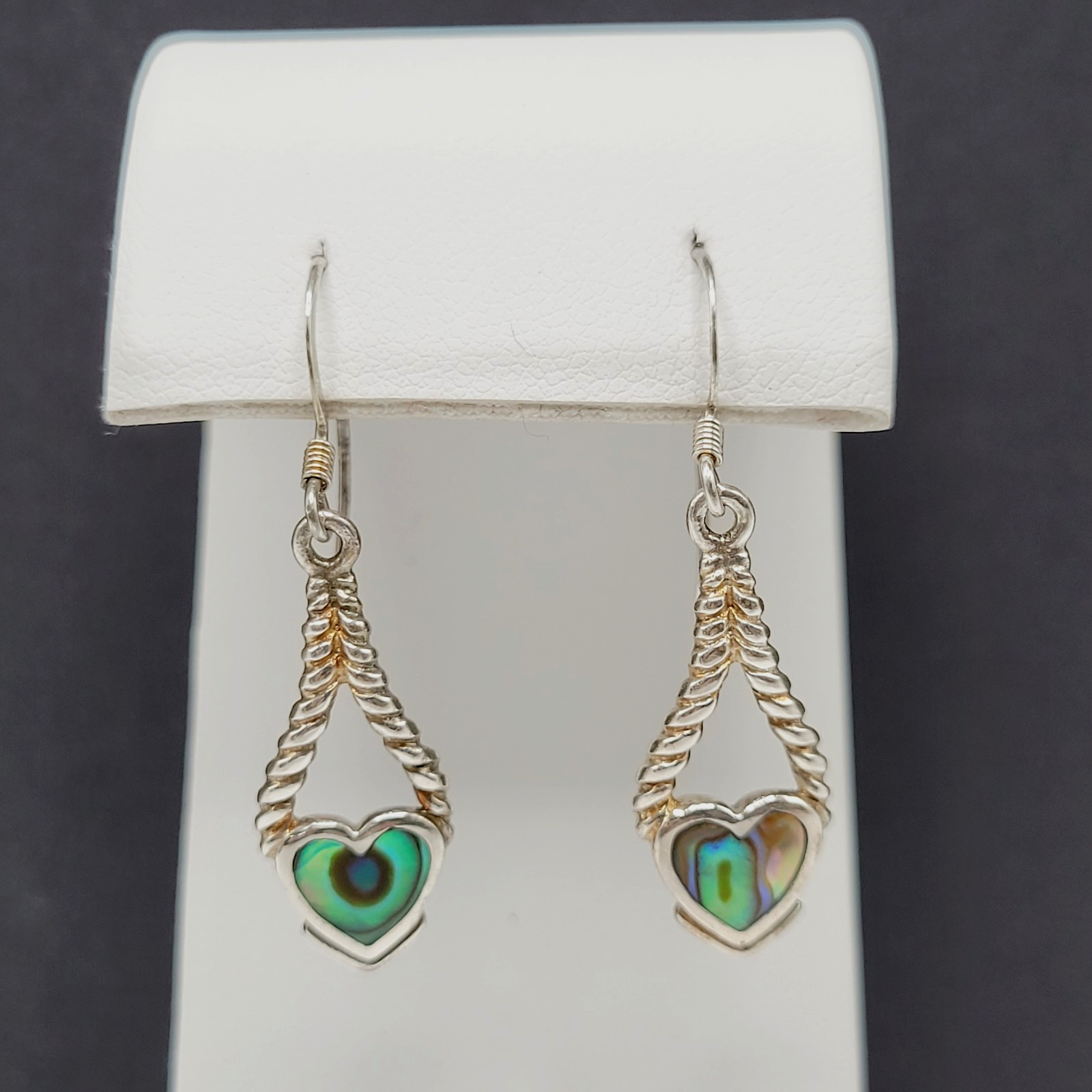 Heart Twisted Open Metal Paua Shell Inlay Sterling 925 MC Hook Pierced Earrings