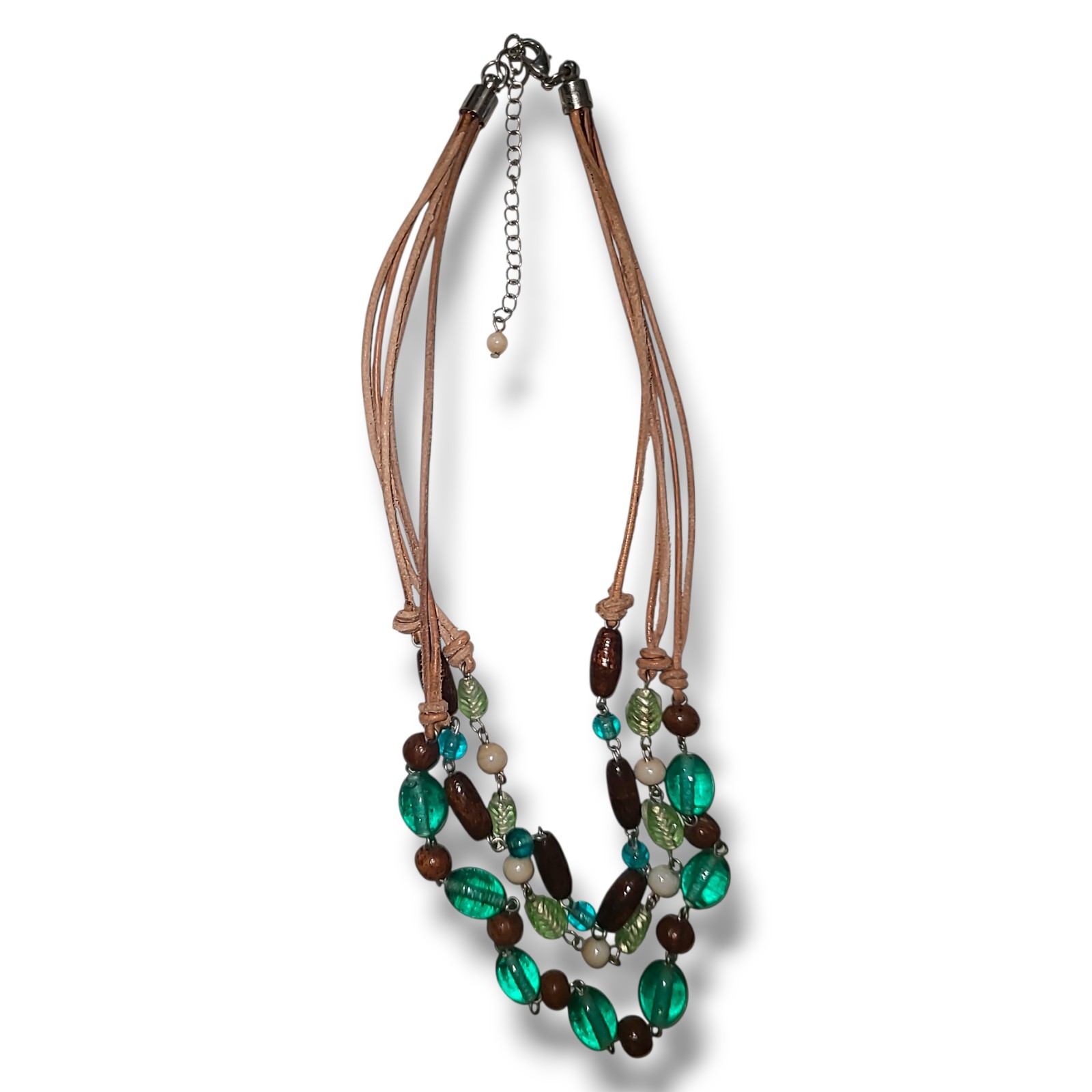 Vintage Boho 3-strand Glass & Wood Bead Faux Leather Necklace 15″-17″