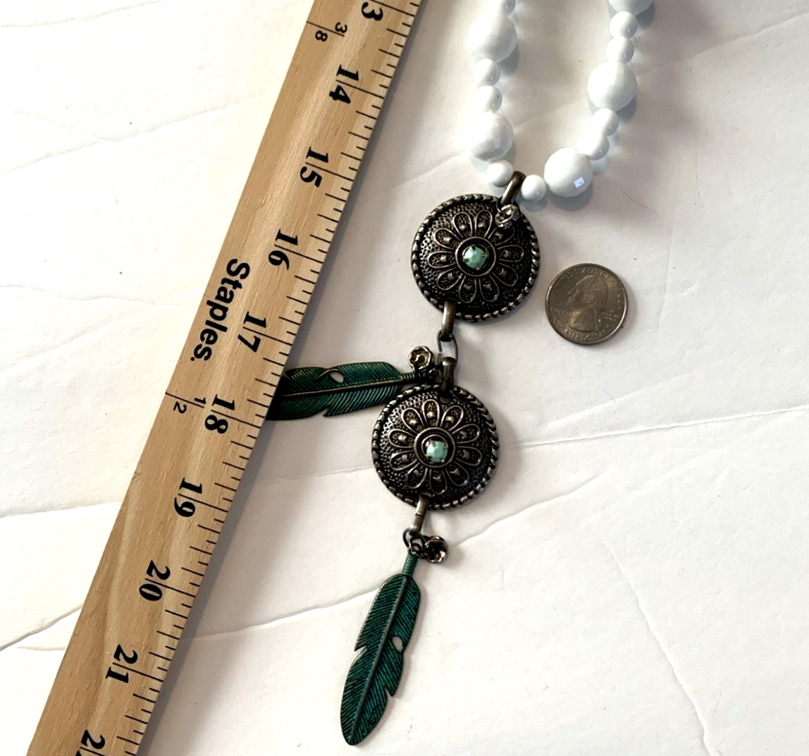 Vintage Southwestern Necklace Patina Feather Concho Talisman White Acrylic Boho