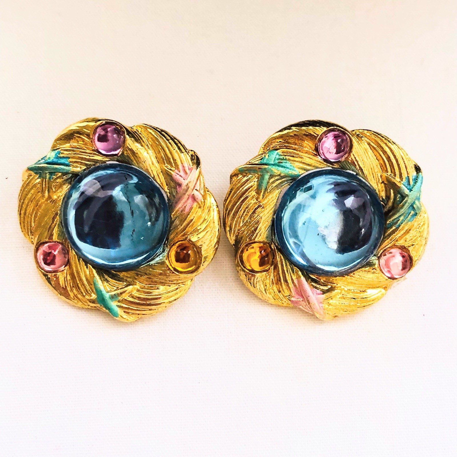 Vintage Blue Gripoix Glass Cabochon Clip On Flower Earrings