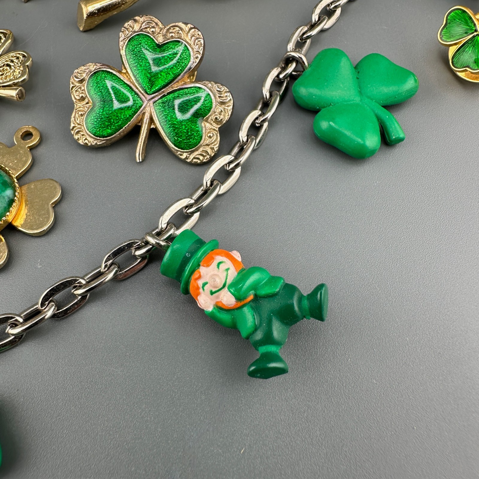 Vintage St. Patricks Day Jewelry Lot Shamrock Brooches Leprechaun Necklace Rings