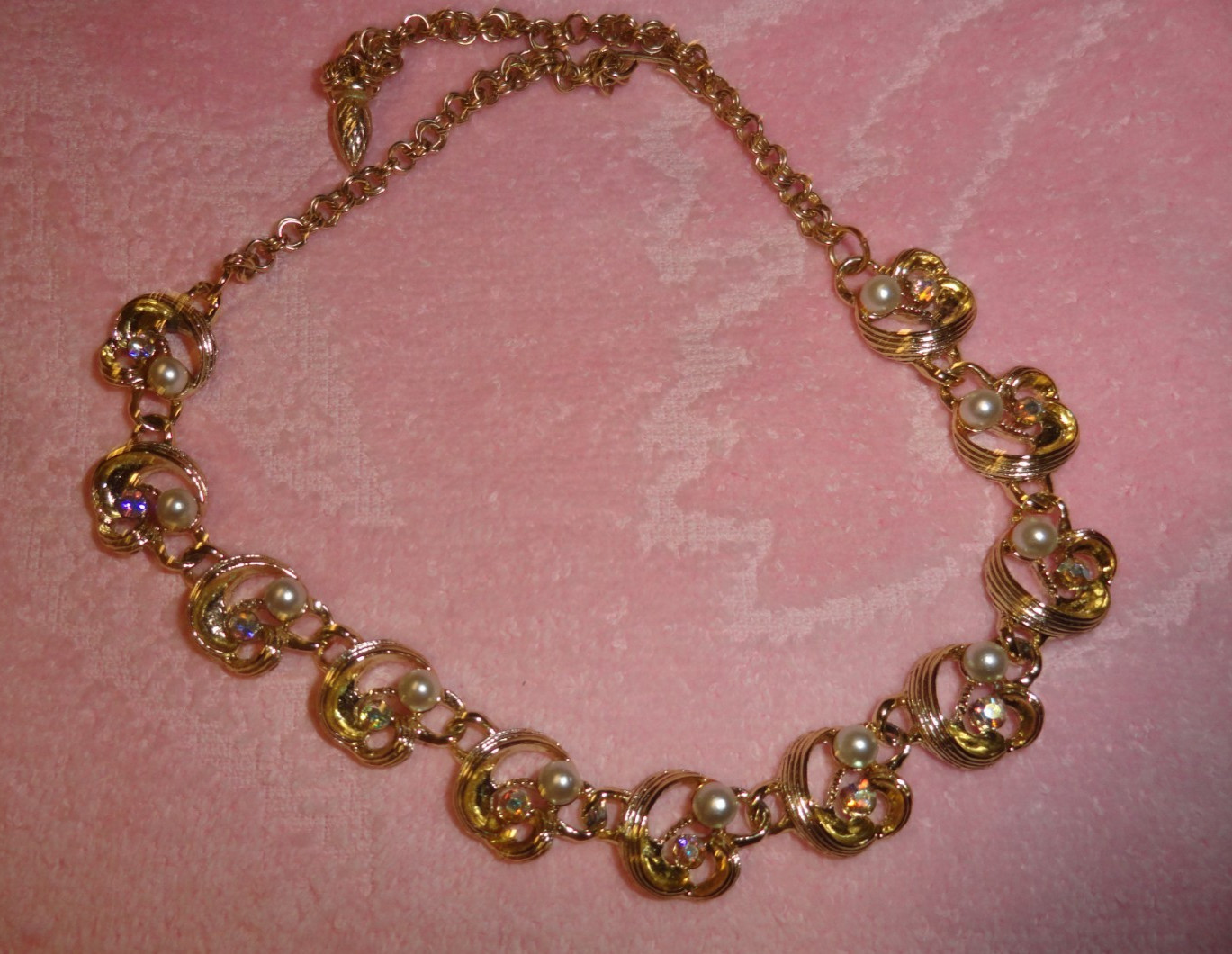 Vintage Golden Choker Necklace w/ Aurora Borealis Rhinestones & Faux Pearls Coro