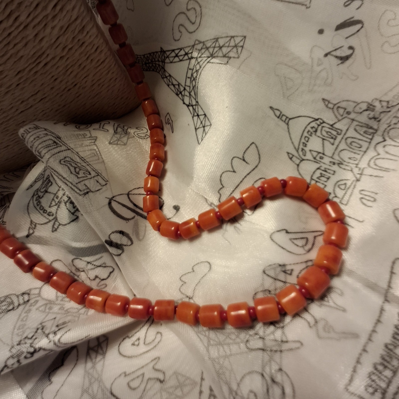 Vintage Necklace Genuine Orange Coral Barrel Red Glass Bead Spacers RARE 49″ ^