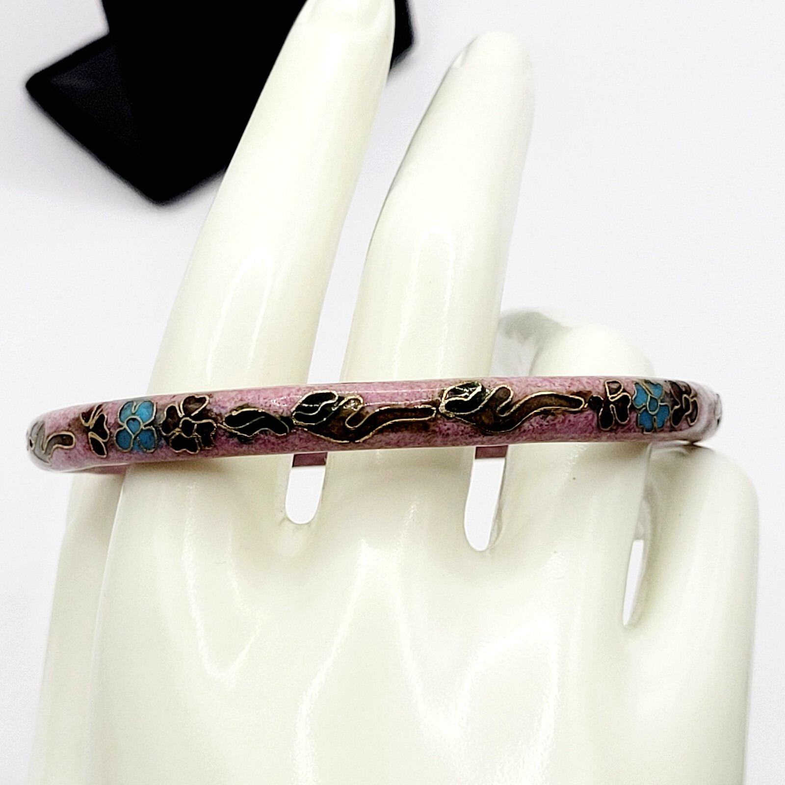 Cloisonné Asian Inspired Rose Mauve Color Floral Hand Painted Bangle Bracelet