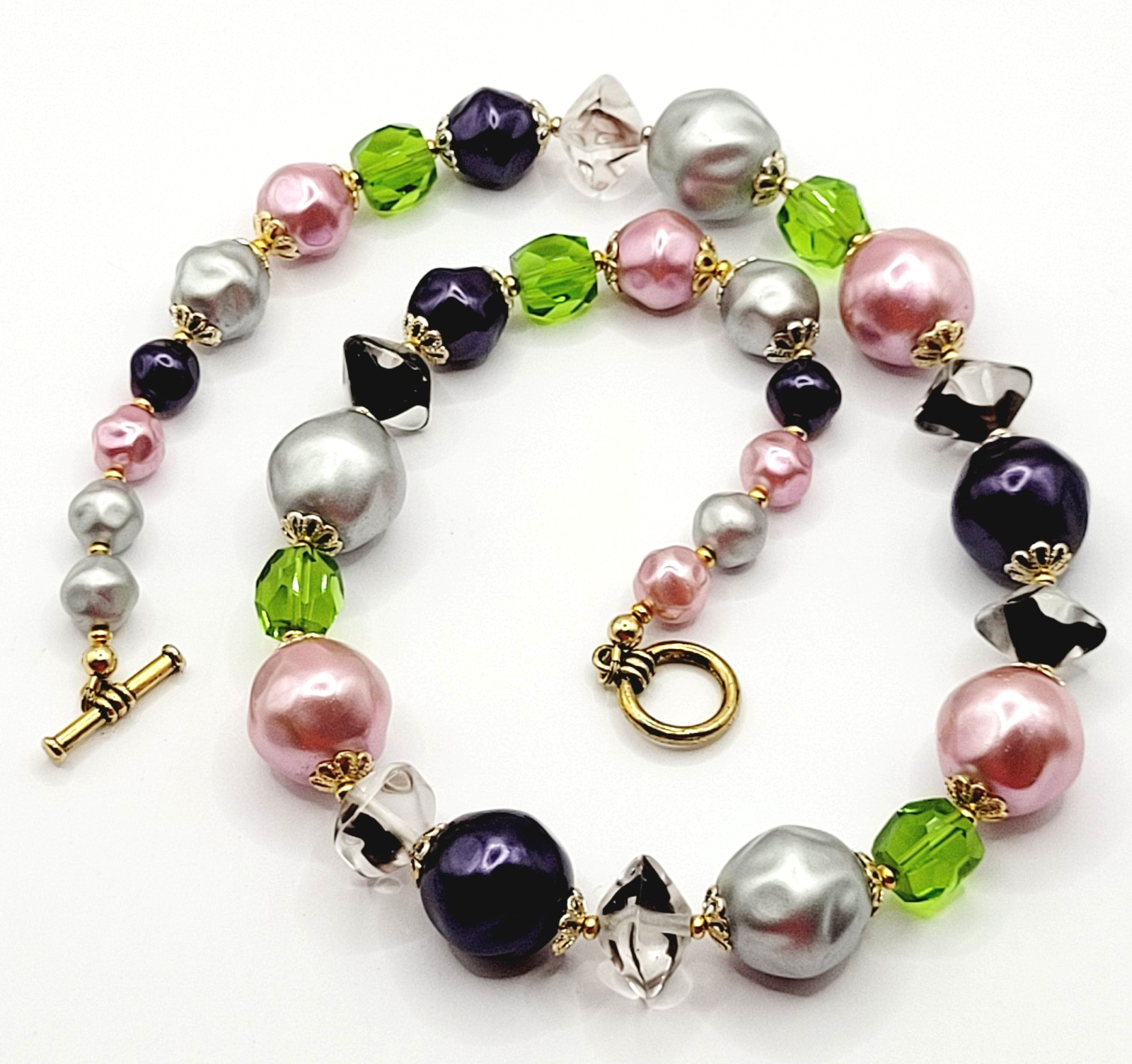 Colorful Glass & Faux Pearl Style Multi Color Shape Bead Vintage Necklace 21 In