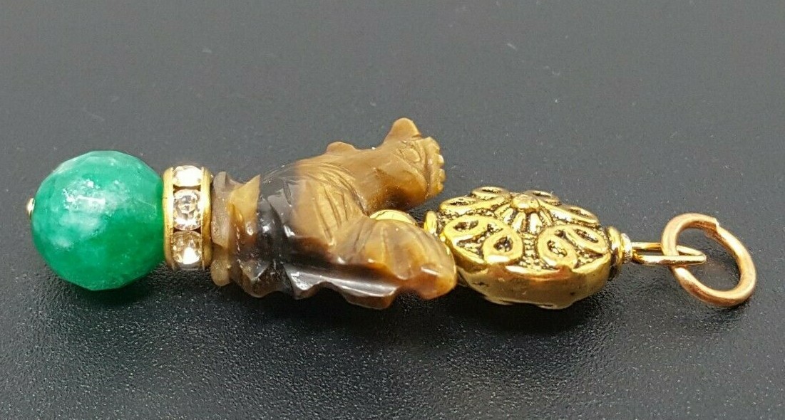 Vintage Natural Jade Tiger Eye Carved Chicken Hen Rhinestone GP Pendant