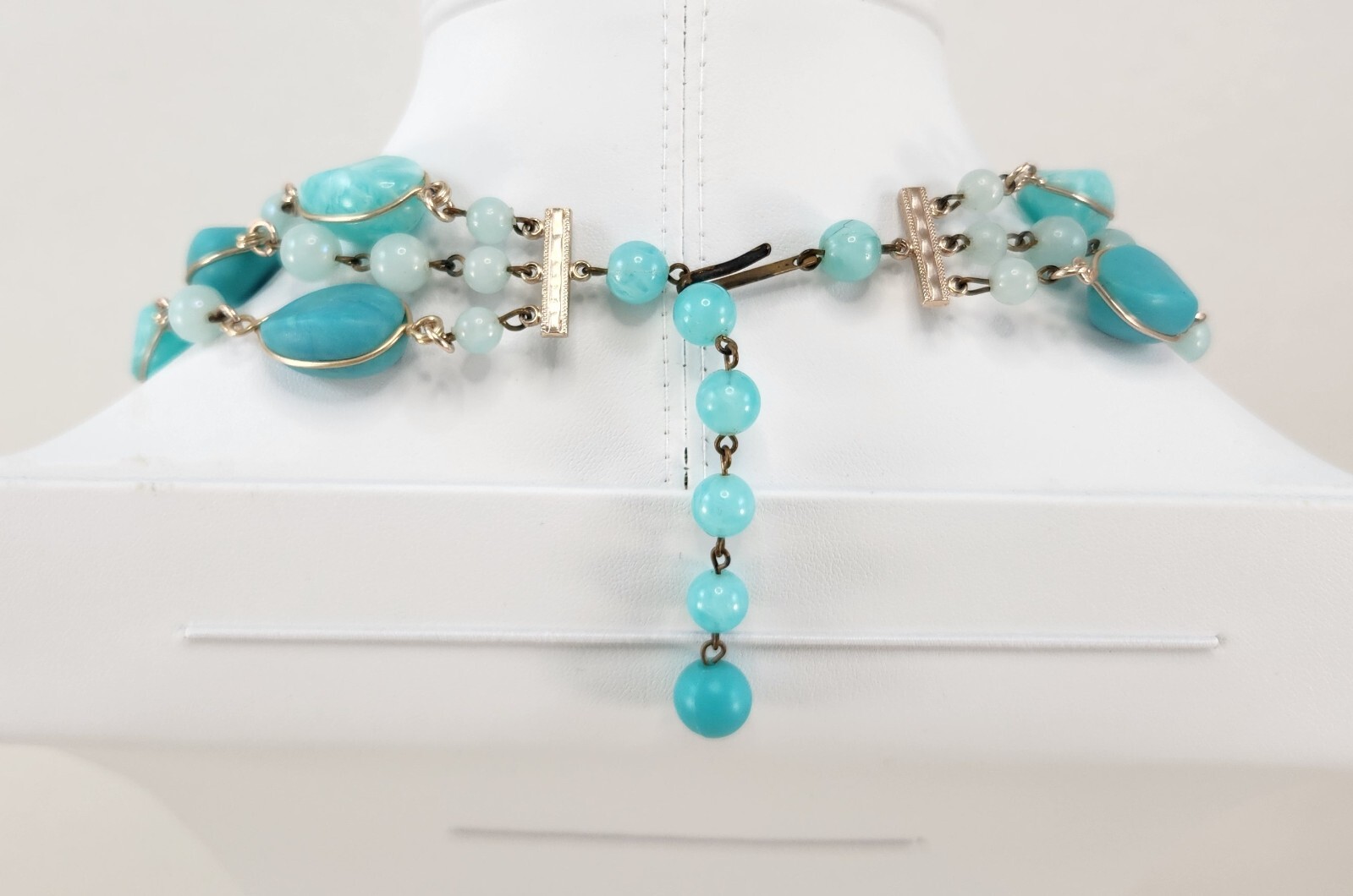 Vintage Western Germany Multi Strand Choker Necklace Beaded Blue 15 in-17.5 in