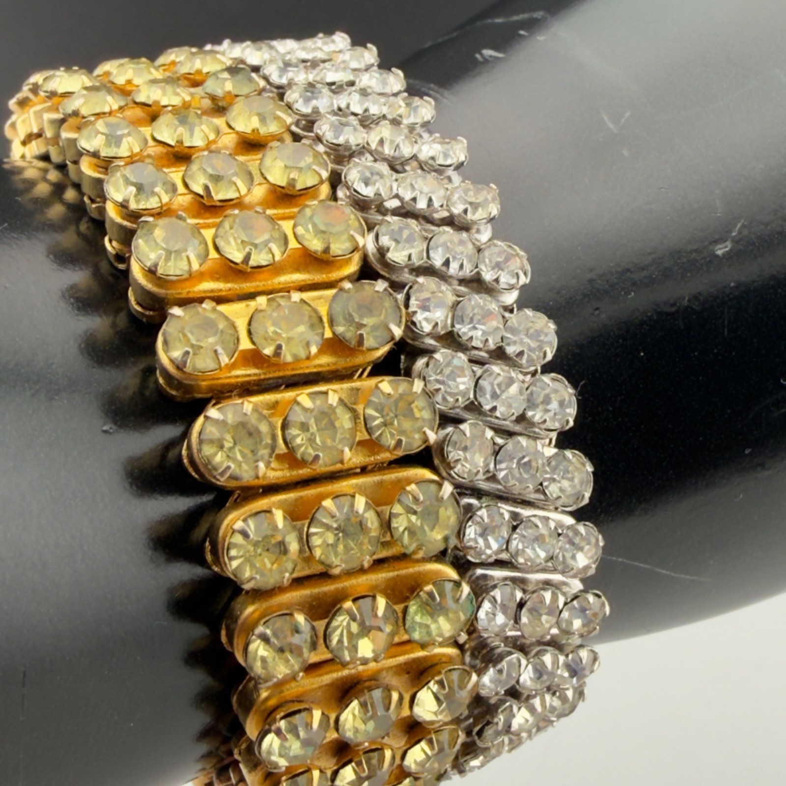 Vintage Rhinestone Expansion Bracelets Set of 2 Stretch Silver/Gold Tone 3 Row