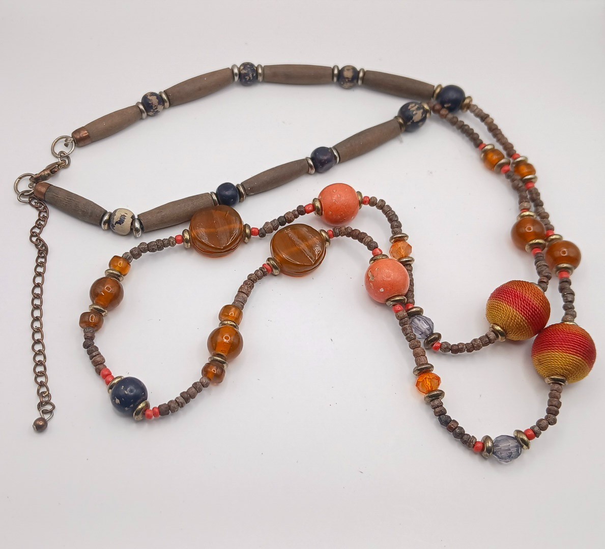 Vintage Boho Multi Strand Necklace Wood Thread Wrapped Bead Amber Orange Fall