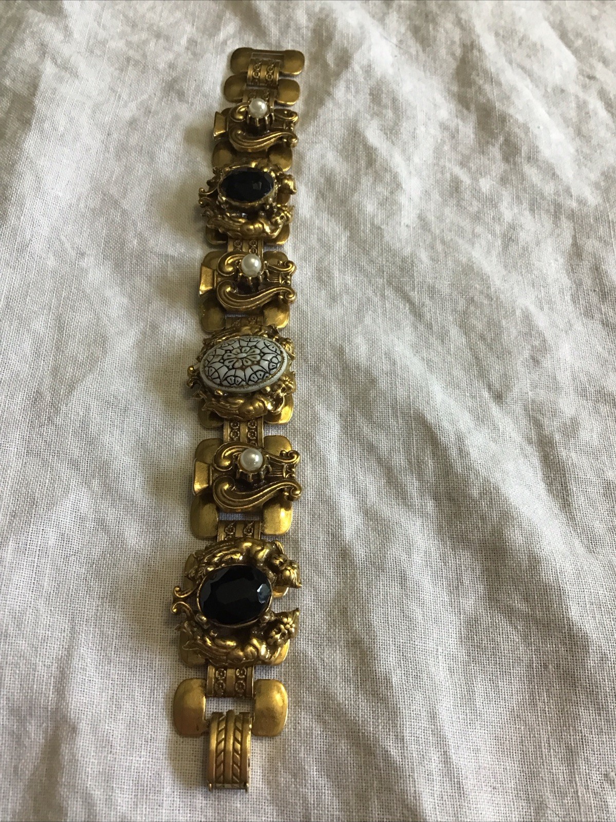 Amazing Vintage Gold Tone Station Layered Charm Bracelet Harp Style