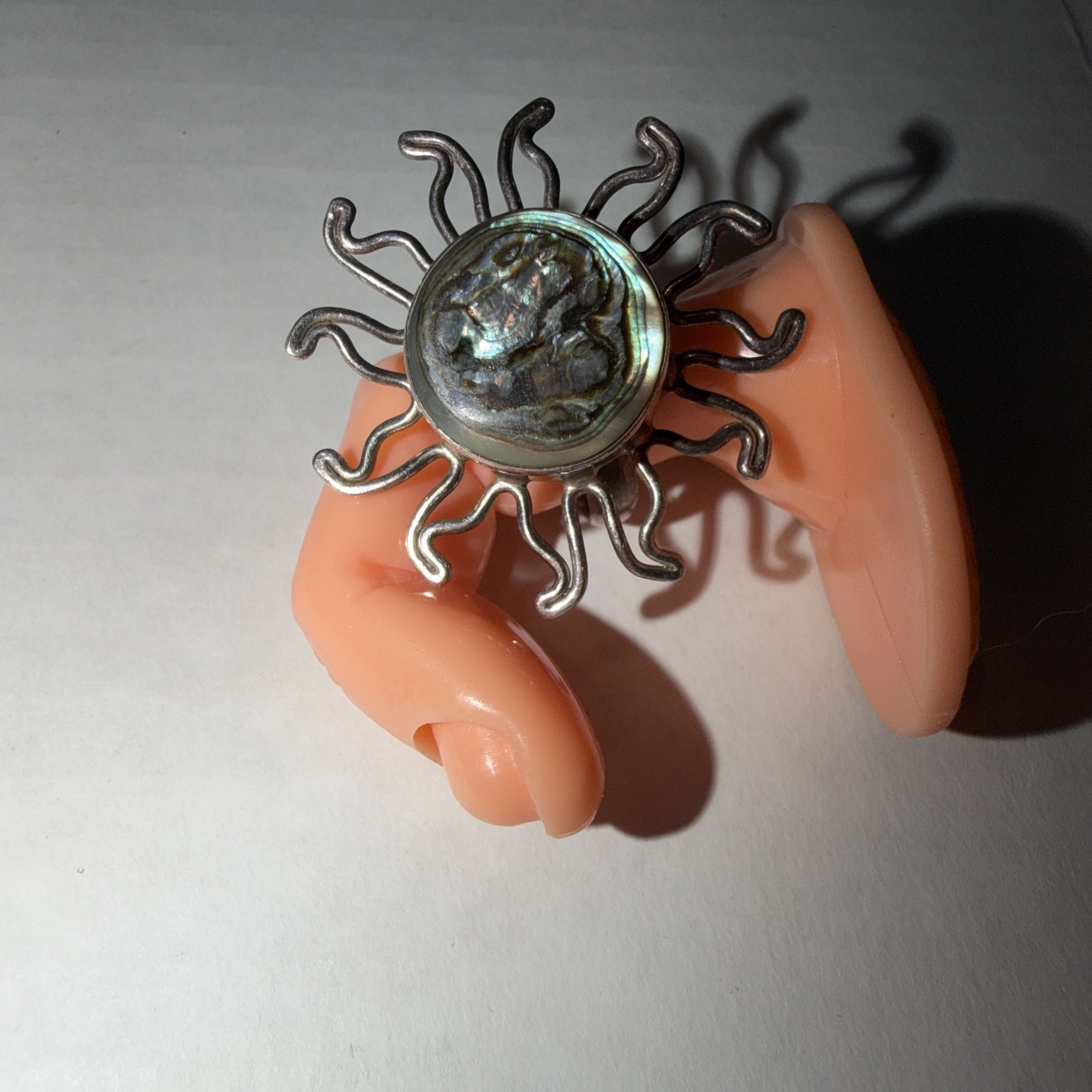 Vintage 925 Silver MEX Sun Moon Abalone Ring Adjustable