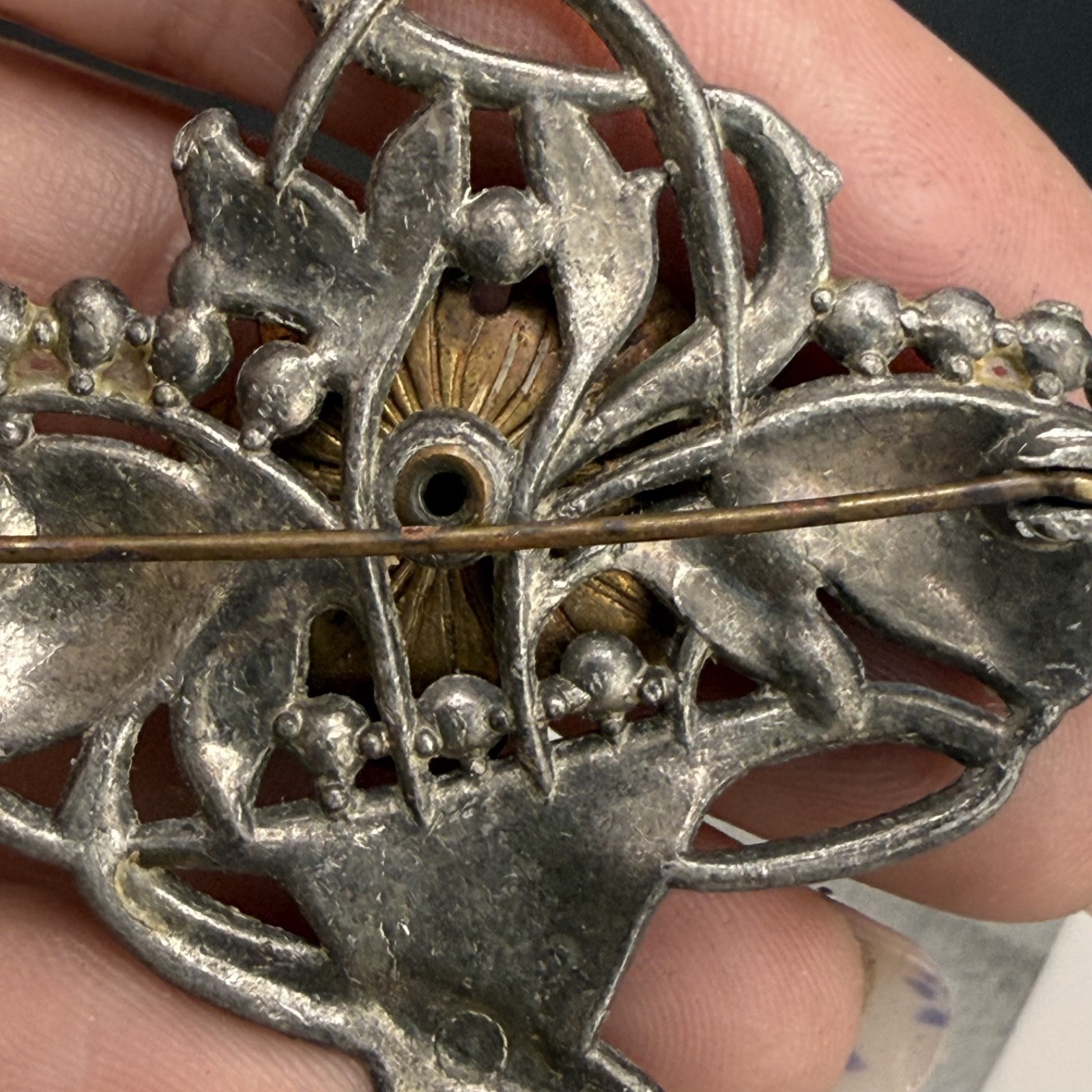 Vintage Potmetal Brooch Flower Basket Rhinestone New England Glassworks READ