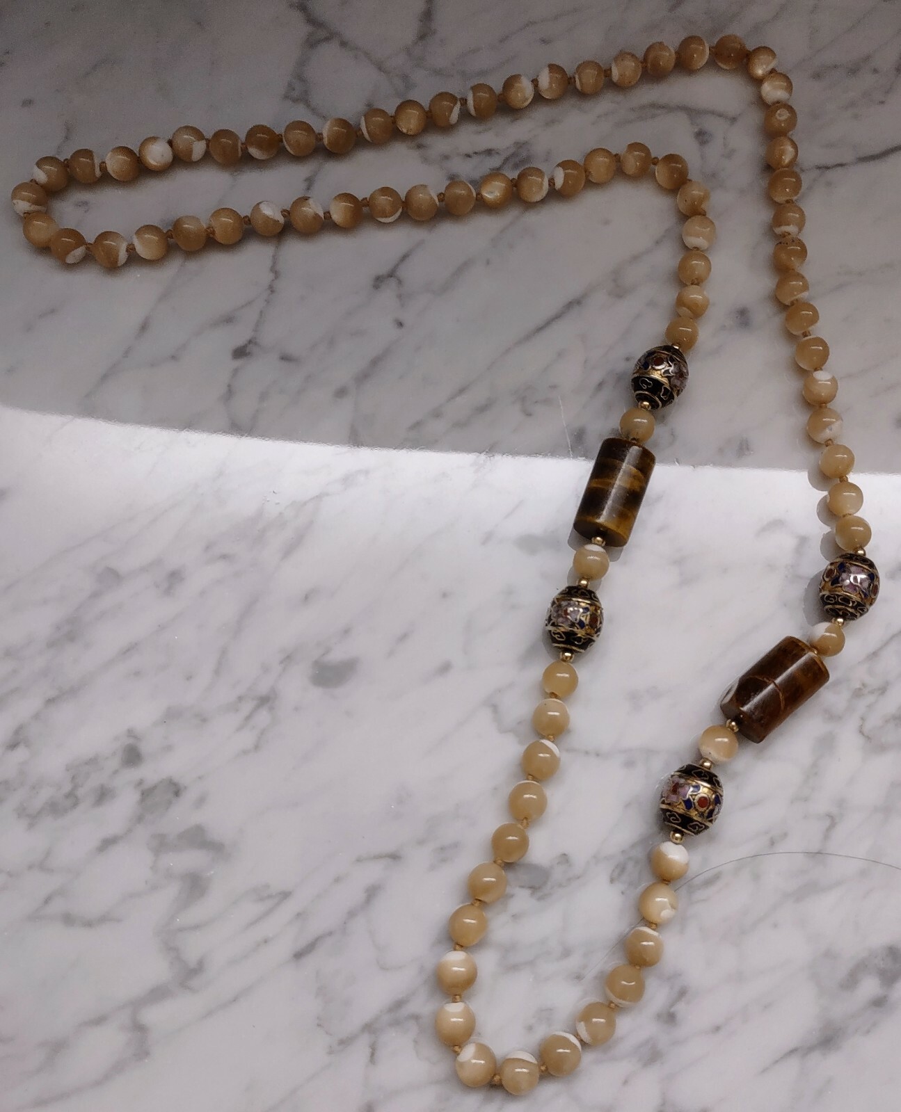 Vintage TIGER EYE Rutilated Jade Bead, Hand Knotted Silk Cloisonne 32″ Necklace