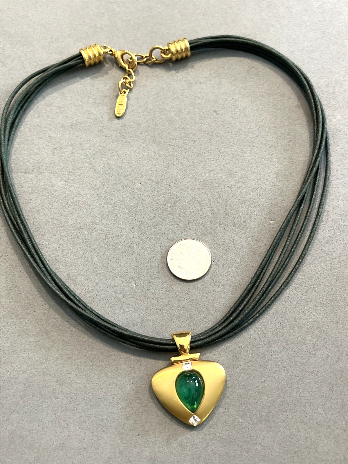 Vintage DAVID GRAU Gripoix Green Cabochon Teardrop Rhinestone Heart Necklace