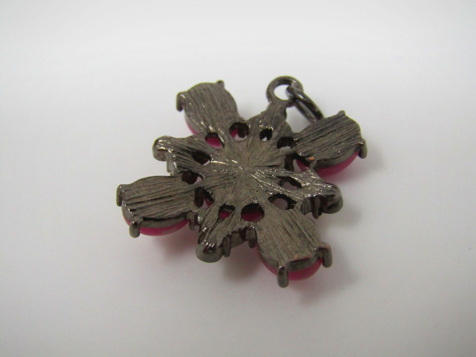 Vintage Pink Marbled Glass Flower Pendant Rhinestone Accent Gunmetal Tone