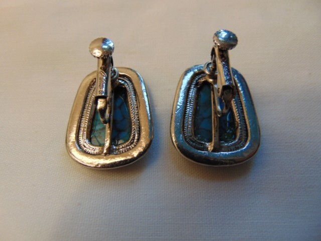 GOLDETTE TURQUOISE SQUASH BLOSSOM EARRINGS Clip-on Screw back SOUTH WESTERN