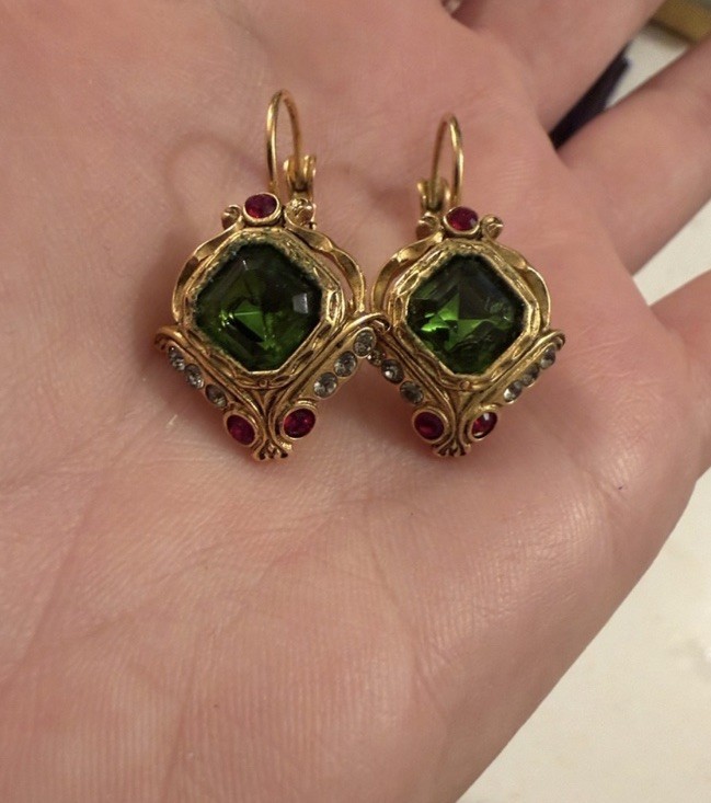Vintage Joan Rivers Jeweled Bug Insect Leverback Earrings Gold Tone Green Red