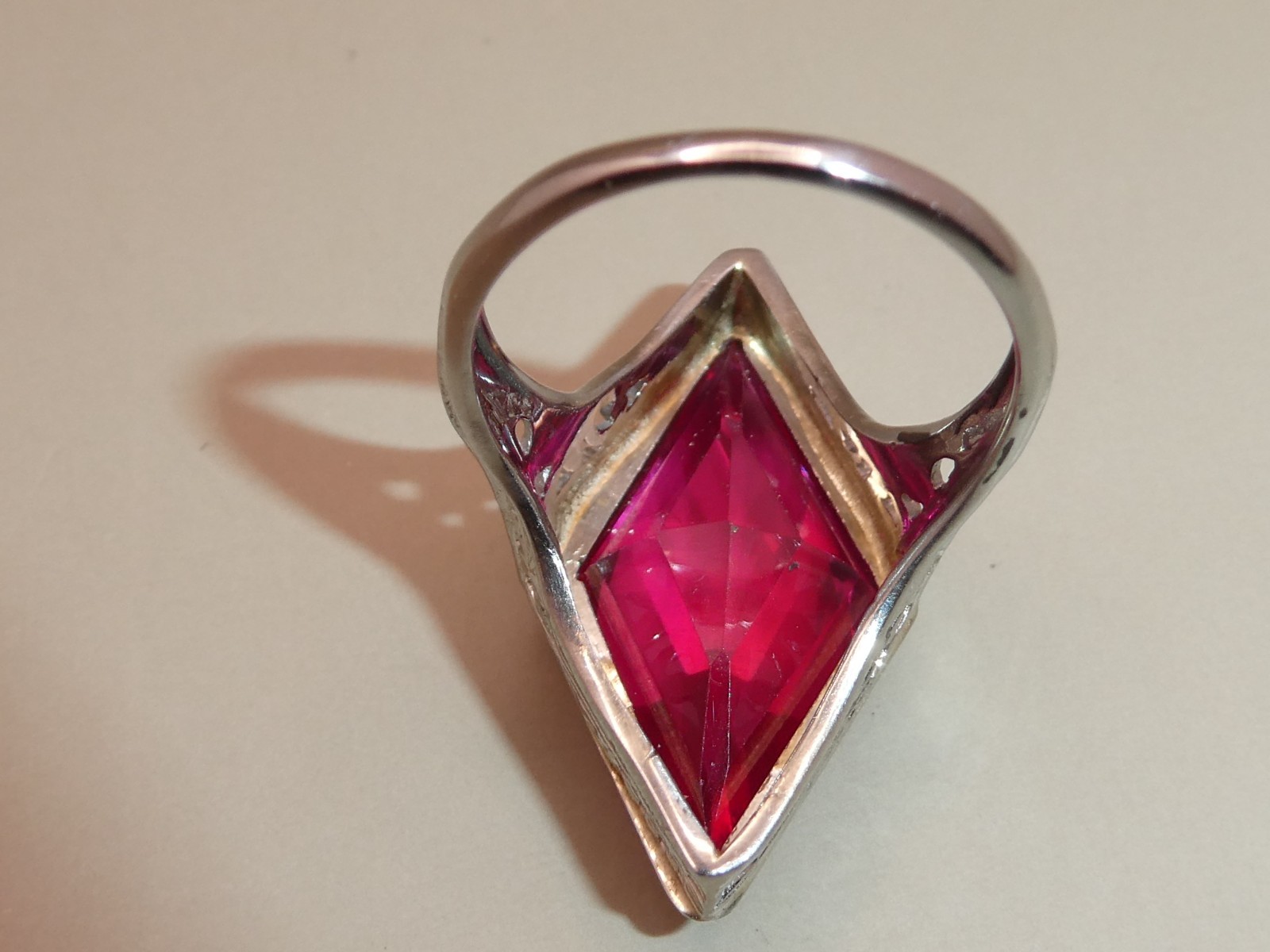 Antique Lozenge Shape of Period Syn. Ruby 18k Filigree Ring Size 5.5. 5.8g L59